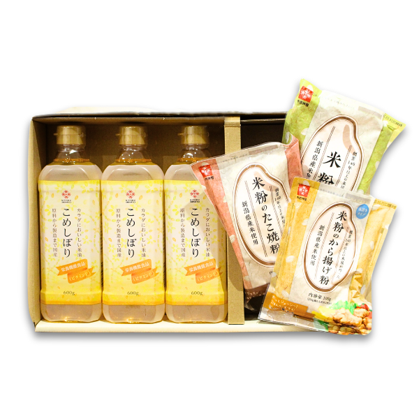 【ギフト】純国産こめ油・こめしぼり3本 + 米粉3種ギフト